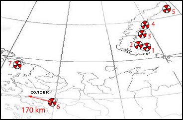 Карта мест затопления твердых радиоактивных отходов